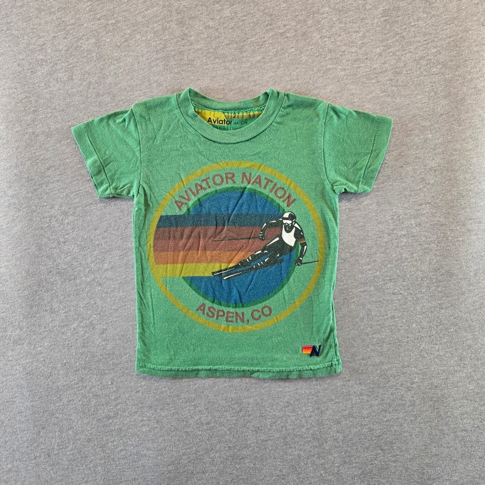 Aviator Nation T Shirt Kids Size 2 Green Aspen Colorado Skier Rainbow Stripe